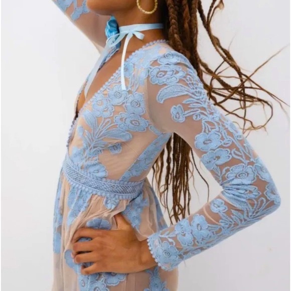 For Love & Lemons x Free People Temecula XS & S Blue Floral Embroidered Maxi - Picture 5 of 14